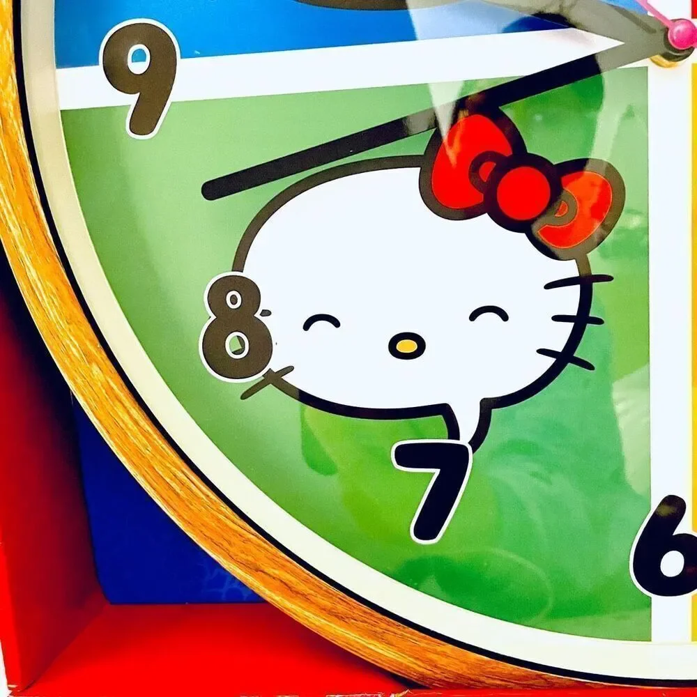 NWT Gorgeous Huge Sanrio 16”D Red Blue Yellow Green Hello Kitty Wood Wall Clock